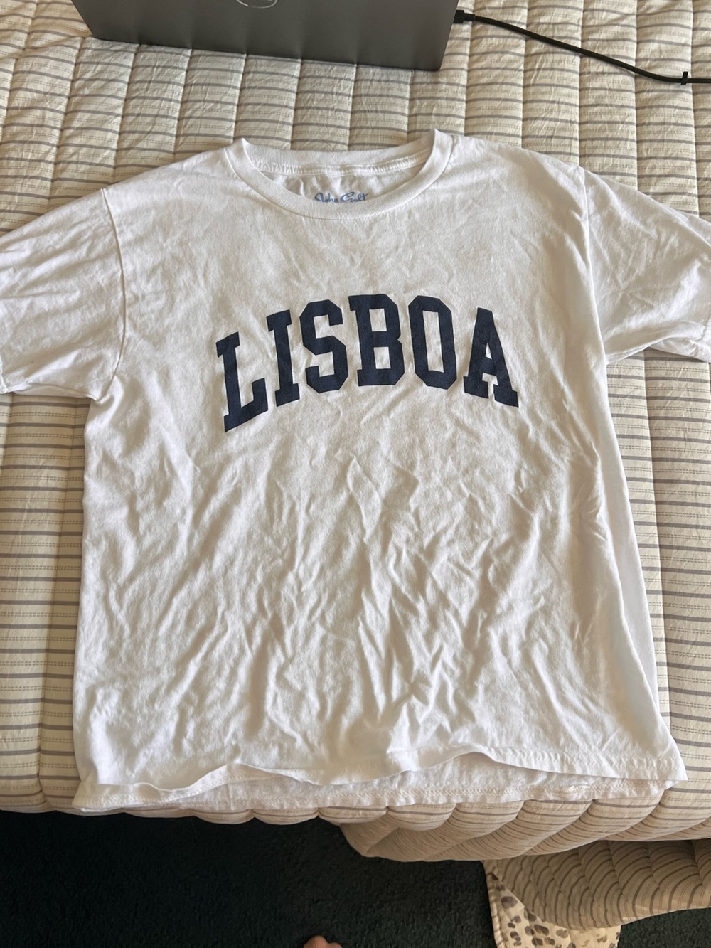 Brandy Melville White Tee with Navy 'LISBOA' Graphic